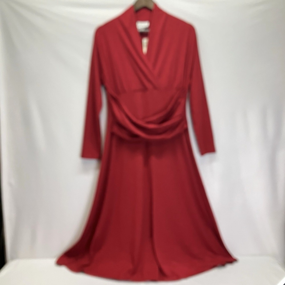 Coldwater Creek Womens Red Shawl Collar Cross Front Fit & Flare Midi Dress Sz PL